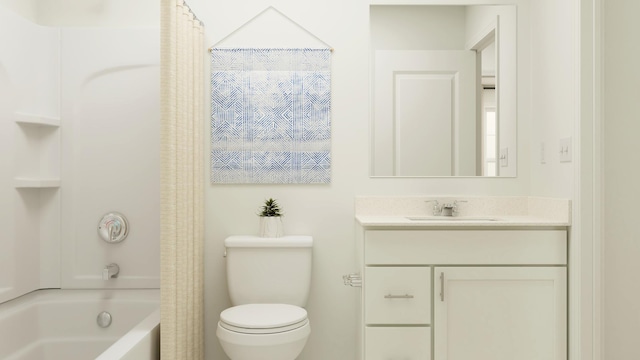 full bath featuring vanity, shower / tub combo, and toilet