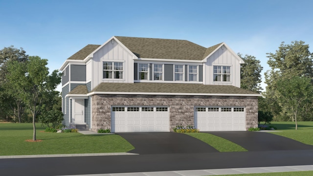 view of front facade with board and batten siding, a shingled roof, driveway, and a front lawn