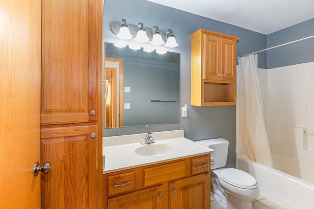 bathroom with shower / tub combo, toilet, and vanity