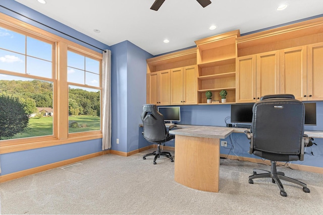 office area featuring visible vents, baseboards, light colored carpet, recessed lighting, and a ceiling fan