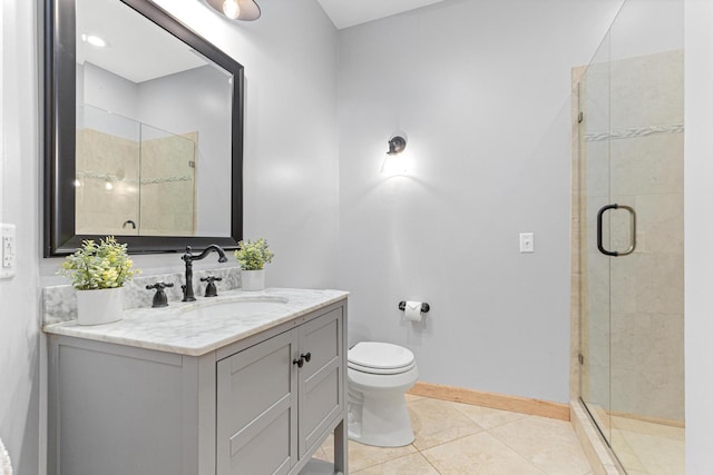 full bath featuring vanity, a shower stall, baseboards, and tile patterned floors