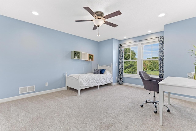 carpeted bedroom featuring recessed lighting, visible vents, baseboards, and a ceiling fan