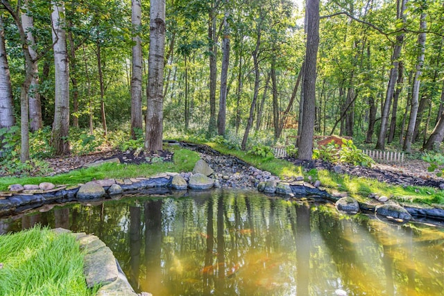 property view of water featuring a forest view