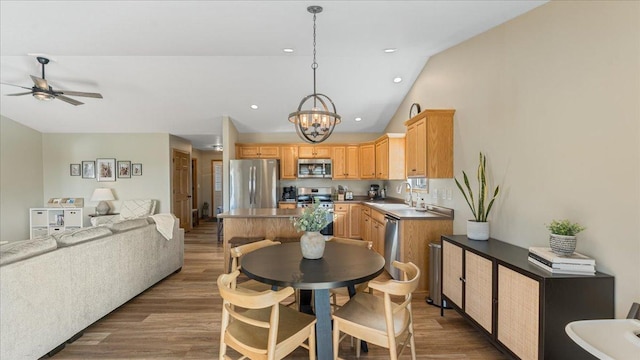 kitchen with a sink, wood finished floors, open floor plan, and stainless steel appliances