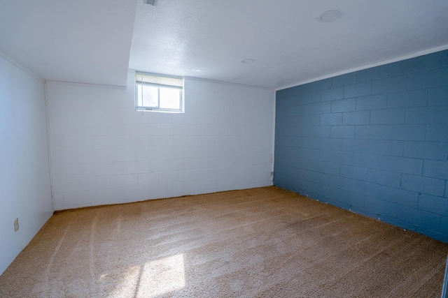 basement with concrete block wall and carpet floors