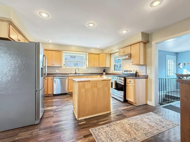 kitchen with dark wood-style flooring, light brown cabinetry, under cabinet range hood, appliances with stainless steel finishes, and tasteful backsplash