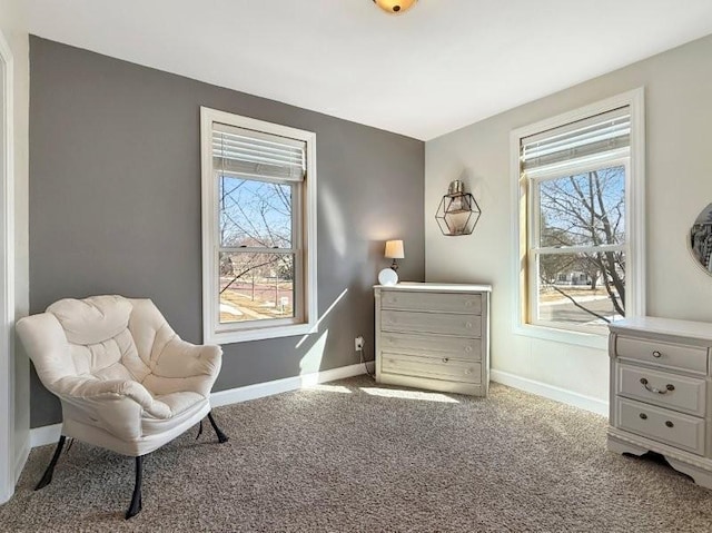 living area featuring plenty of natural light, baseboards, and carpet floors