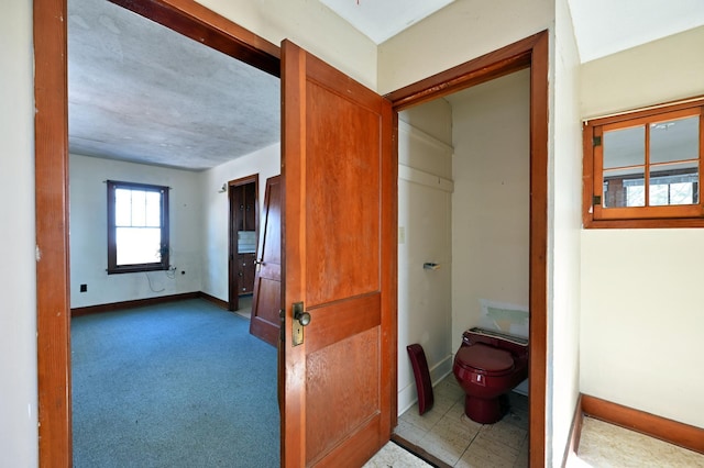 hall with baseboards and carpet floors