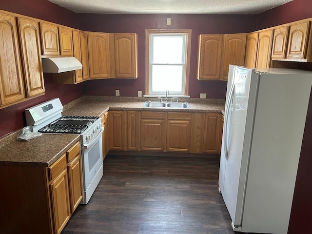 338 S St, Owatonna, MN 55060 - kitchen featuring white appliances, under cabinet range hood, dark wood-type flooring, and dark countertops