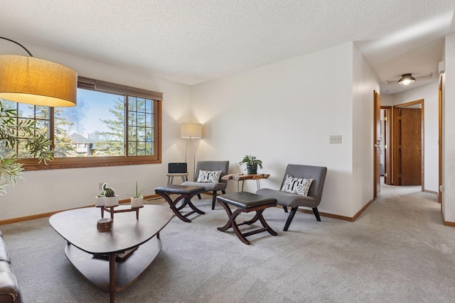 living area featuring baseboards, carpet, and a textured ceiling