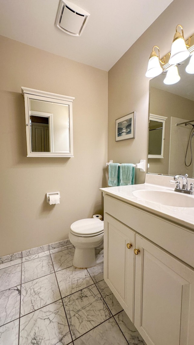 full bathroom featuring walk in shower, toilet, marble finish floor, and vanity