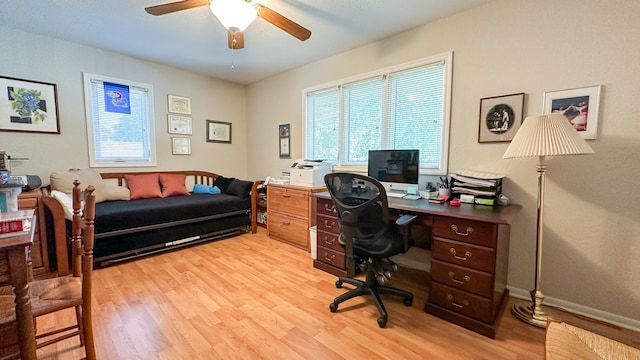 office featuring a ceiling fan, light wood-type flooring, and baseboards