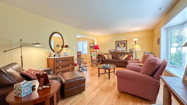 living area featuring light wood-style flooring and a textured ceiling