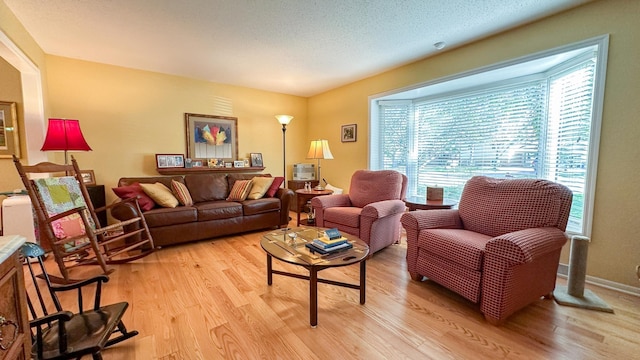 living area with baseboards, a textured ceiling, and light wood finished floors