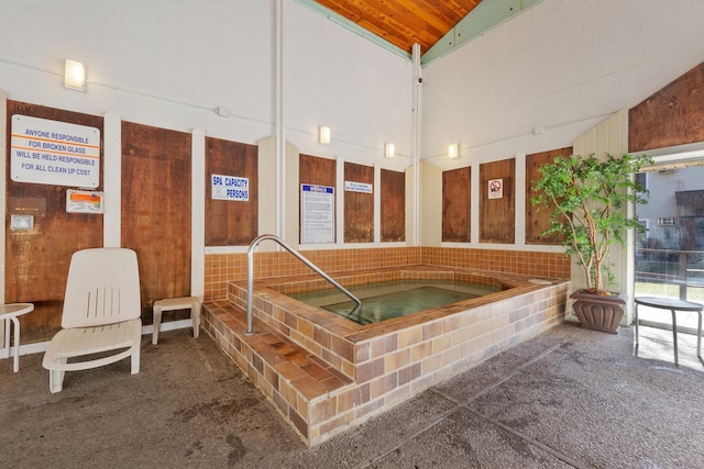 interior space with a jacuzzi, carpet, wood walls, and high vaulted ceiling