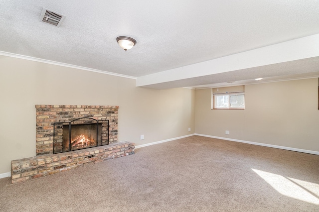 unfurnished living room featuring visible vents, a brick fireplace, baseboards, carpet floors, and a textured ceiling