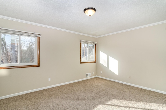 carpeted spare room featuring visible vents, a textured ceiling, and ornamental molding