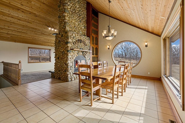 dining room featuring light tile patterned floors, visible vents, high vaulted ceiling, wooden ceiling, and a notable chandelier