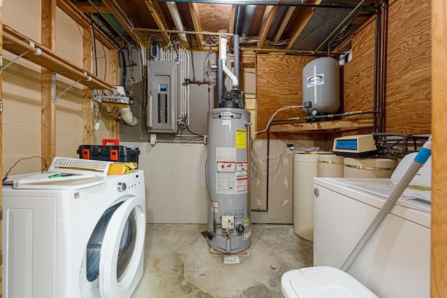 washroom with electric panel, washer and clothes dryer, laundry area, and water heater