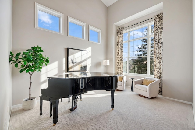 sitting room featuring a high ceiling, baseboards, and carpet floors