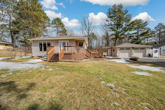 view of front of property with an outdoor structure, crawl space, a front lawn, and a wooden deck