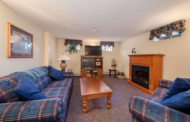 carpeted living area featuring a glass covered fireplace and baseboards