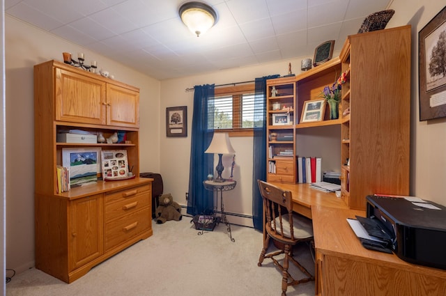 office area with light carpet and a baseboard heating unit