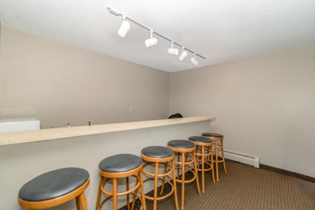 bar with baseboards, a baseboard radiator, bar, and carpet floors