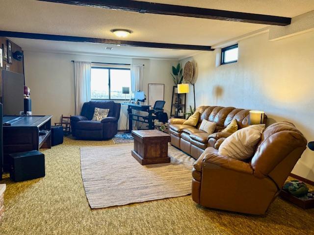 carpeted living area featuring beamed ceiling and plenty of natural light