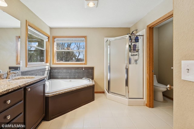28942 Dawson Ave, Randolph, MN 55065 - bathroom featuring vanity, a shower stall, a bath, toilet, and tile patterned floors
