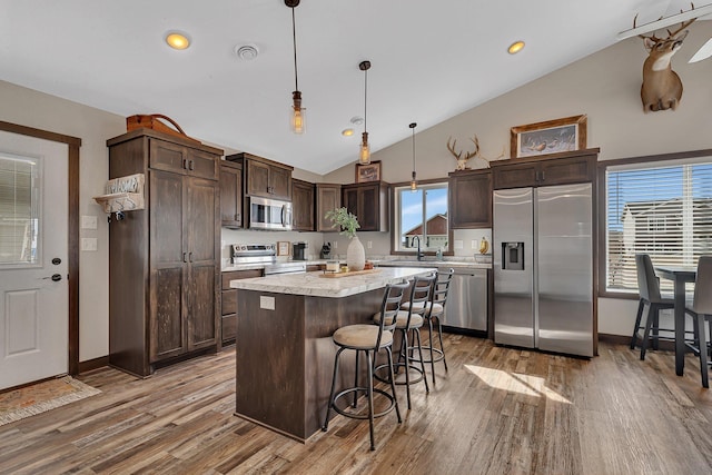 kitchen with plenty of natural light, dark brown cabinetry, appliances with stainless steel finishes, and a breakfast bar area