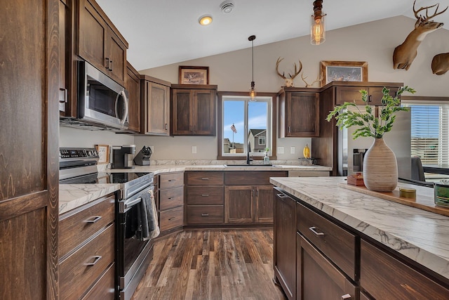 kitchen with a sink, dark brown cabinets, appliances with stainless steel finishes, and vaulted ceiling