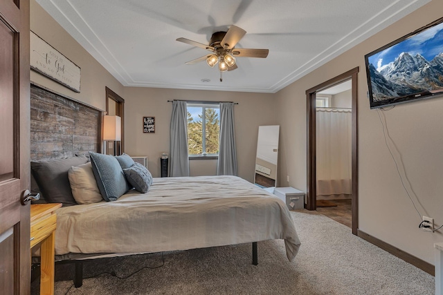 bedroom featuring baseboards, light carpet, and ceiling fan