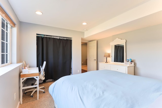 bedroom featuring recessed lighting and light colored carpet