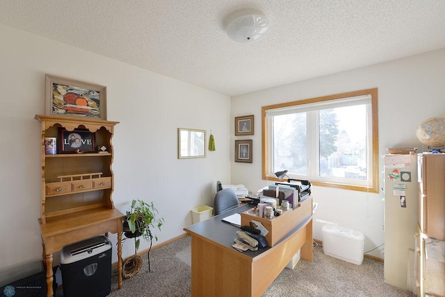 home office with light colored carpet, a textured ceiling, and baseboards