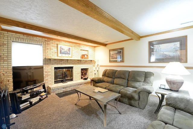 living area featuring beamed ceiling, a textured ceiling, carpet flooring, and a fireplace