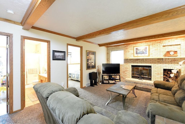 carpeted living area with crown molding, baseboards, beam ceiling, a fireplace, and a textured ceiling