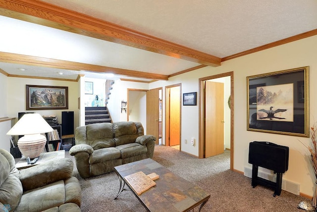 living room with baseboards, beam ceiling, stairs, crown molding, and carpet flooring