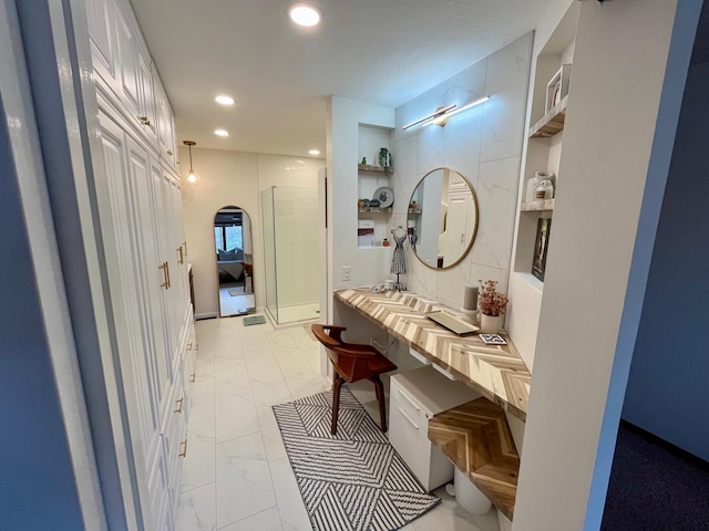 full bath with recessed lighting, marble finish floor, and vanity