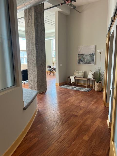 interior space featuring a barn door, plenty of natural light, and wood finished floors