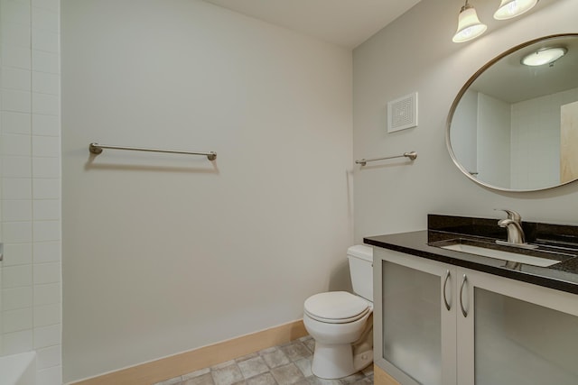 full bathroom featuring toilet, a shower, baseboards, a bath, and vanity