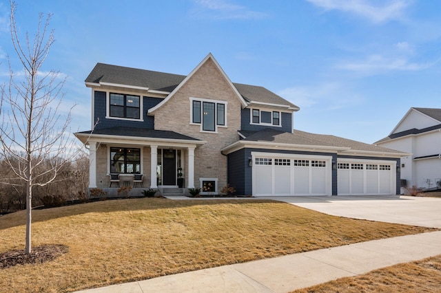 view of front of home featuring a front lawn, driveway, covered porch, roof with shingles, and a garage