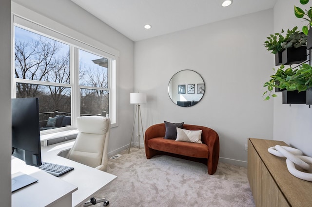 office space with recessed lighting, light colored carpet, visible vents, and baseboards