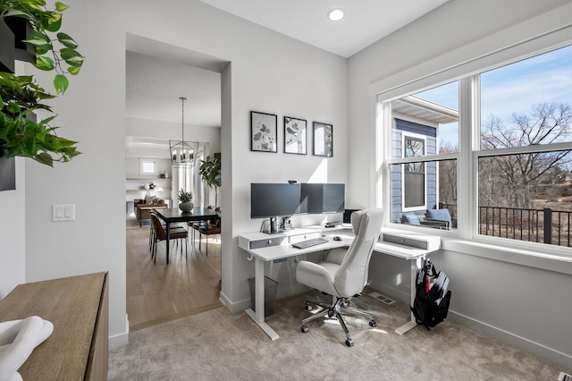 carpeted home office featuring recessed lighting, visible vents, baseboards, and a chandelier