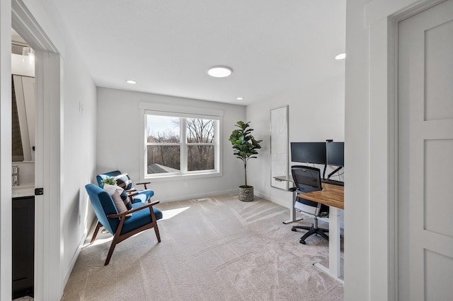 office area with recessed lighting, carpet, and baseboards