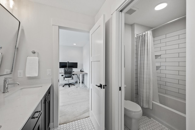 bathroom with tile patterned floors, visible vents, shower / bathtub combination with curtain, toilet, and vanity