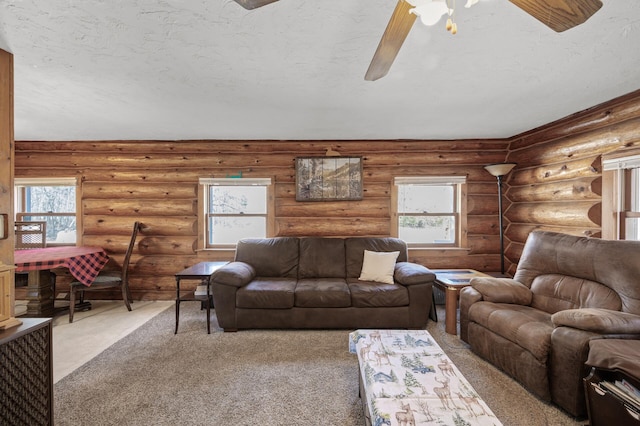 living room with a wealth of natural light, rustic walls, and a textured ceiling