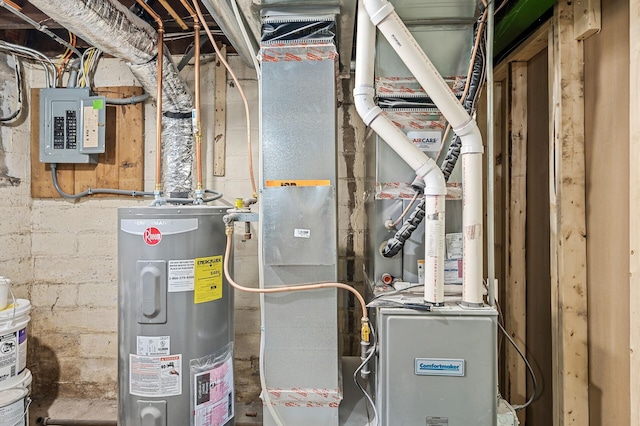 utility room with electric panel and water heater