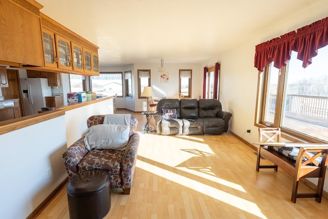 living room with baseboards and light wood-style floors