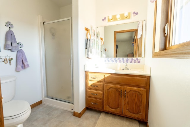 full bath with a stall shower, toilet, vanity, and baseboards